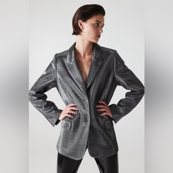 H&M Metallic Retro Shimmery Shiny Single Breasted Woven Blazer In Black Silver - Picture 10 of 10